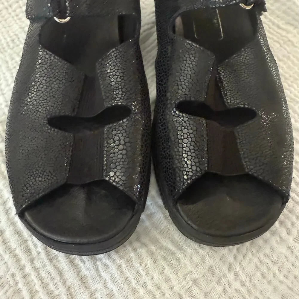 Meisi Women Sandals Size 6 Slides Black Leather Comfort Adjustable Strap Germany